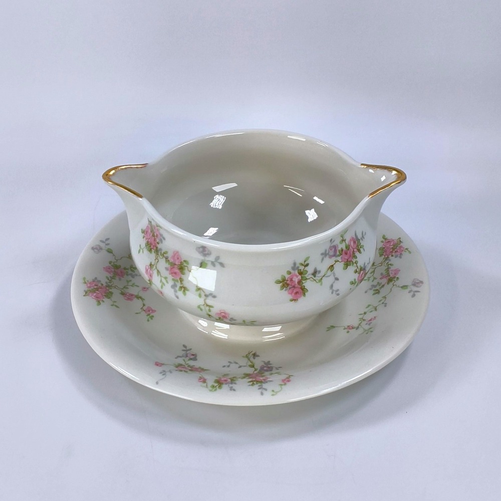 Theodore Haviland New York Pink Spray Gravy Boat Attached Underplate Gold Trim